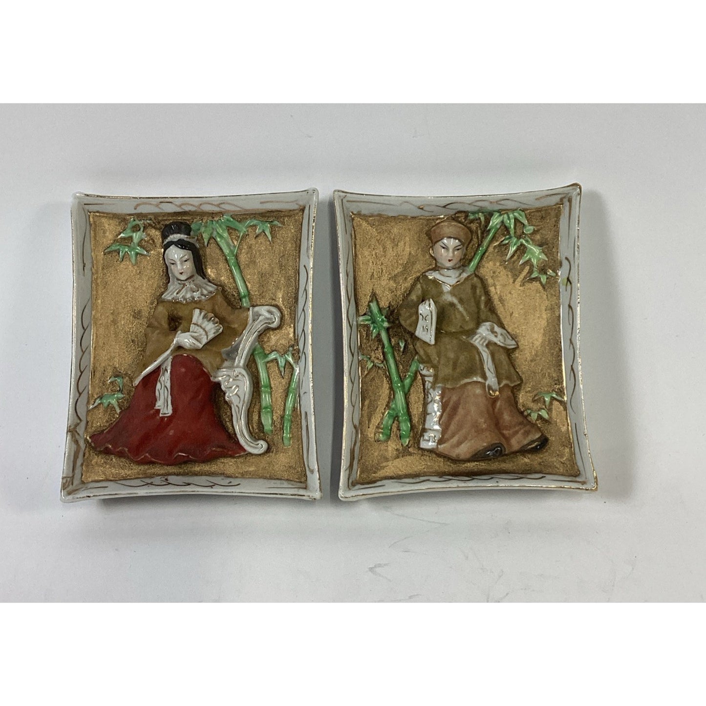 Vtg 2 Japanese Moriage Porcelain Wall Plaques Geisha Bamboo 3D Relief Pat Pend