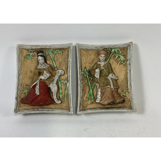 Vtg 2 Japanese Moriage Porcelain Wall Plaques Geisha Bamboo 3D Relief Pat Pend
