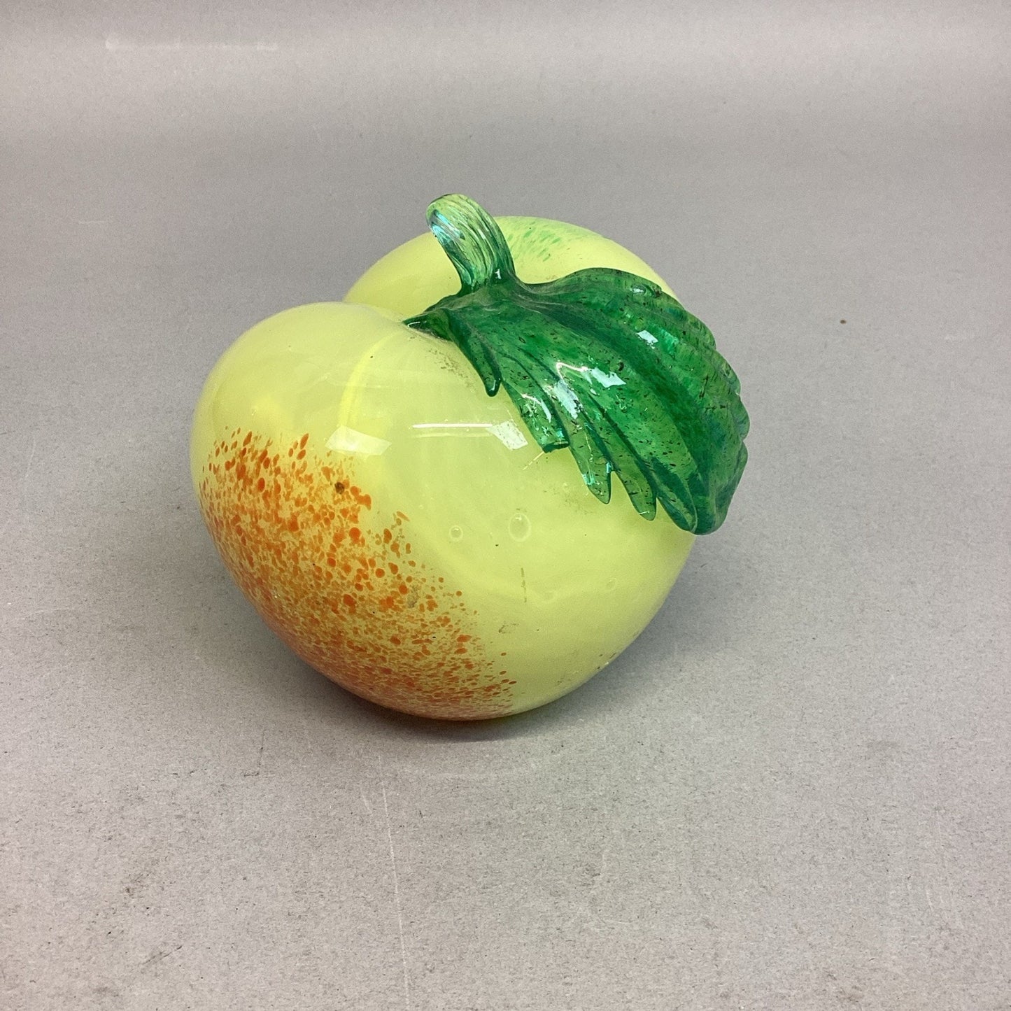Hand-Blown Yellow Glass Apple Paperweight With Green Leaf & Stem