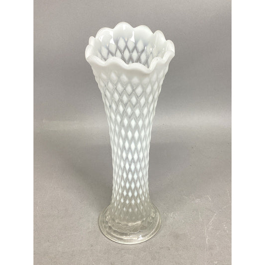 VTG Northwood Glass Diamond Point EAPG Ruffled Vase - Opalescent White - 11” H