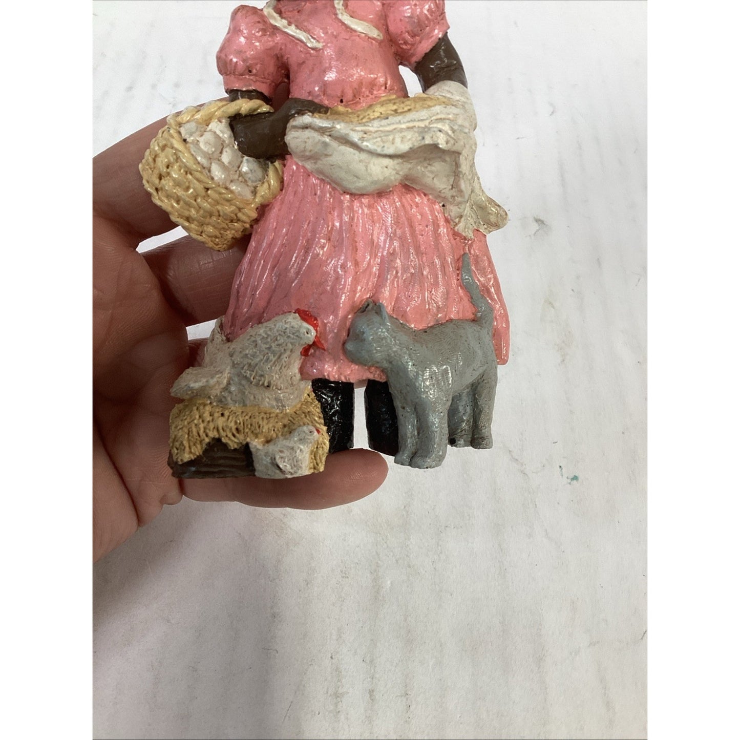 Vintage African American Woman Farmer Gathering Eggs Hen Cat Resin Figurine