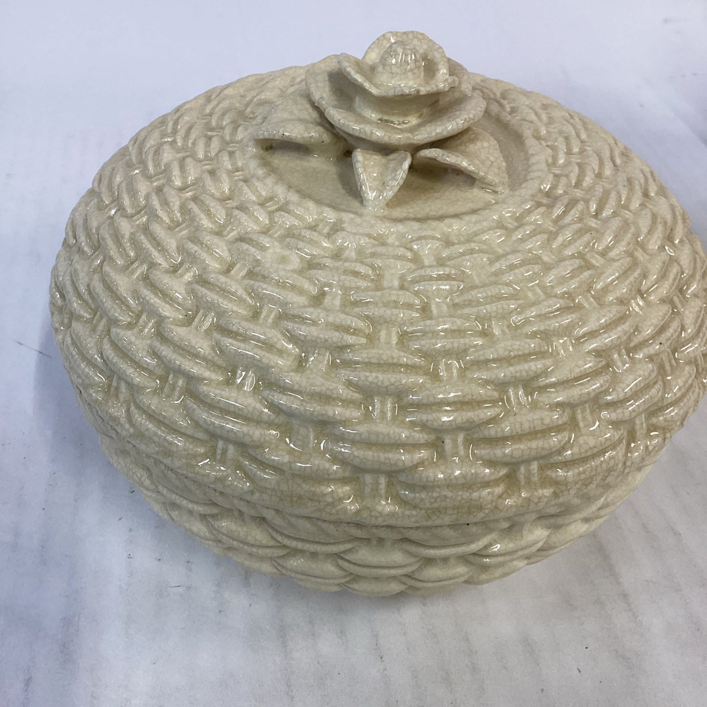 Vintage Ceramic Basket Weave Covered Serving Dish & Vases Set