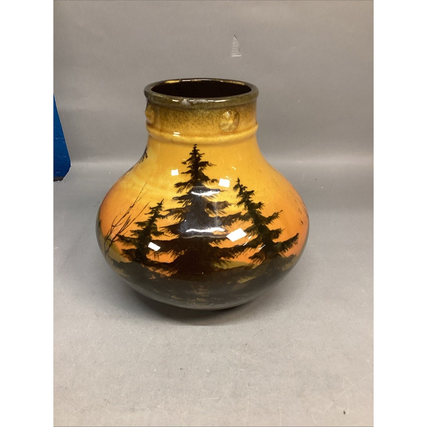 Vintage Majolica Vase Schramberg Landscape - Trees & House