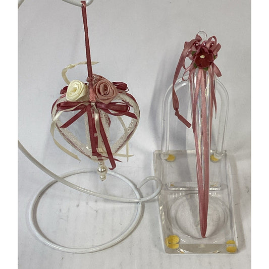 Lot of 2 Glass Christmas Ornaments - Heart With Roses And Icicle With Flower