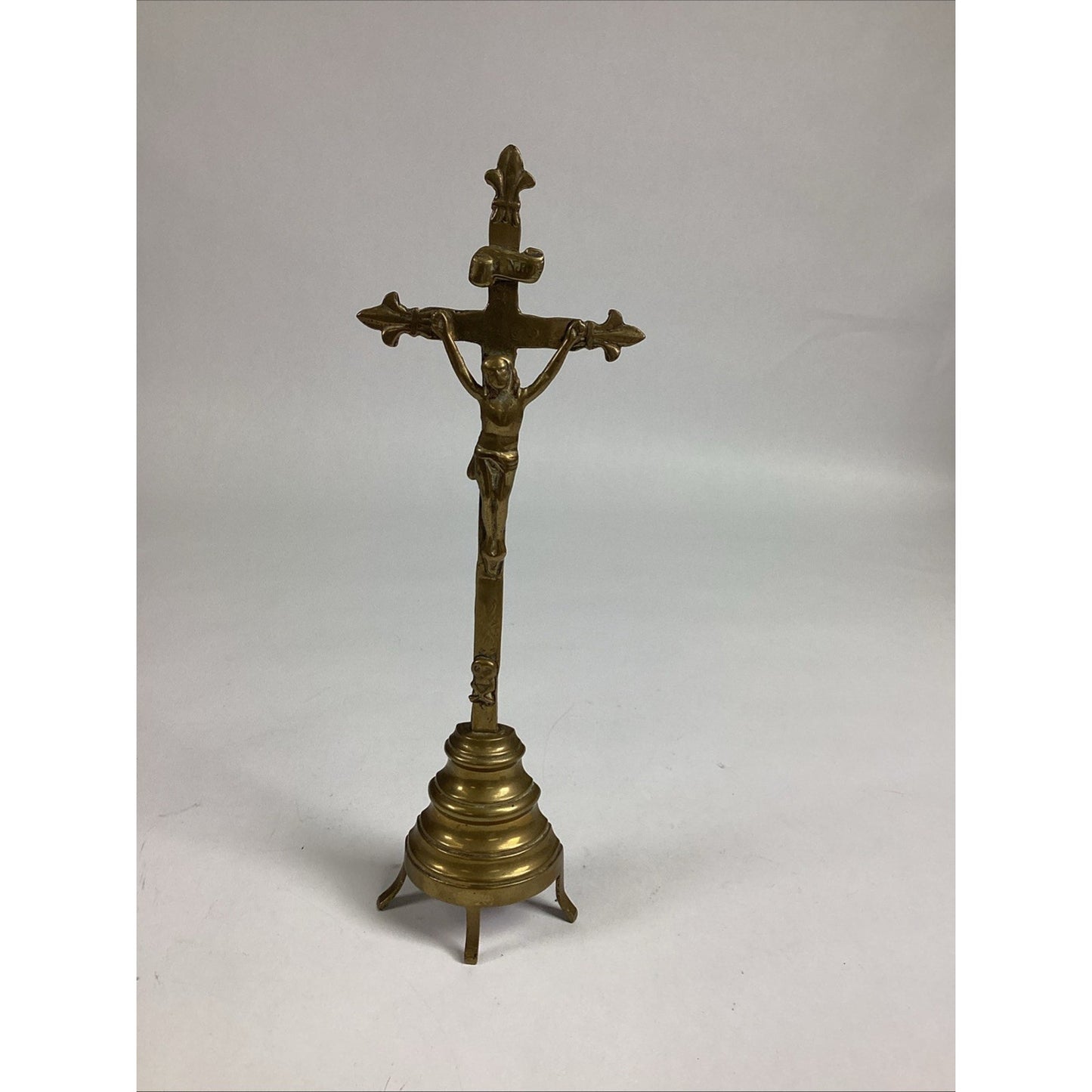 Antique Brass Inri Crucifix Standing Cross Figurine - 13”H