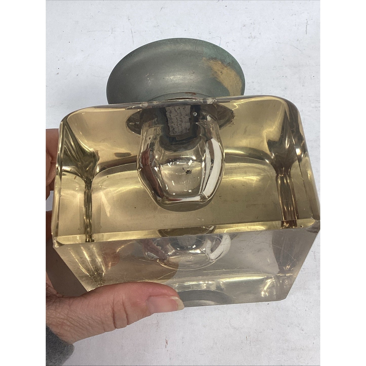 Antique Large 1910 English Glass Inkwell - Crystal & Nickel Over Brass