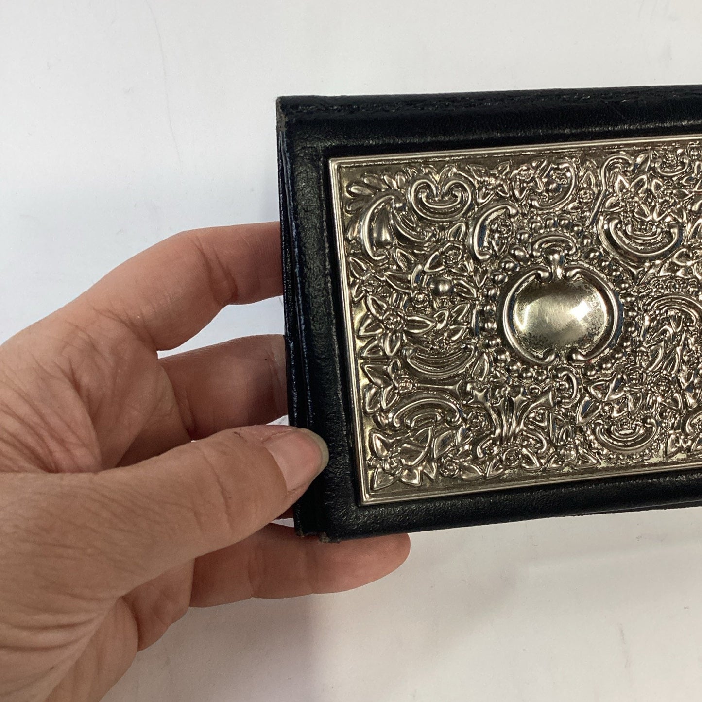 Vintage Black Leather Card Wallet - Intricate Baroque Style Repousse Floral Work