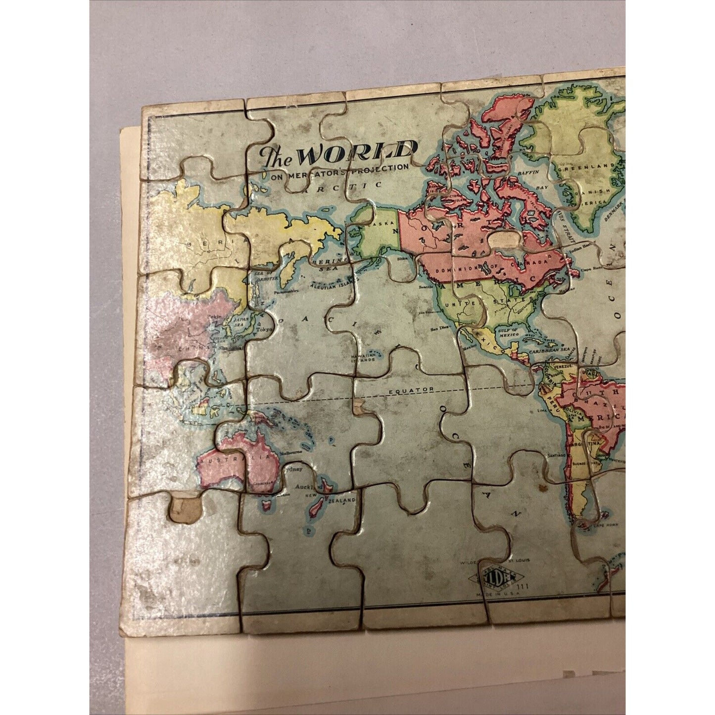 Vintage Wooden Jigsaw Puzzle Of The World On Mercator’s Projection - 35 Pieces