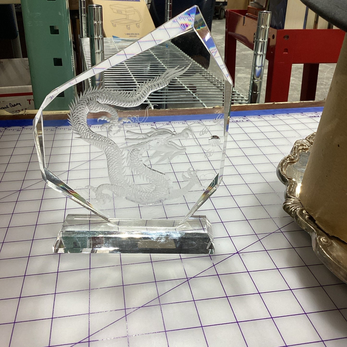 Hand Etched Clear Crystal Glass Lucky Dragon Prism Paper Weight Sculpture