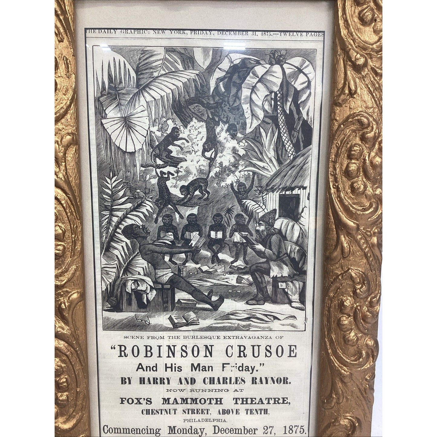 Framed Victorian Style Robinson Crusoe Theatre Poster W/ Ornate Gold Frame