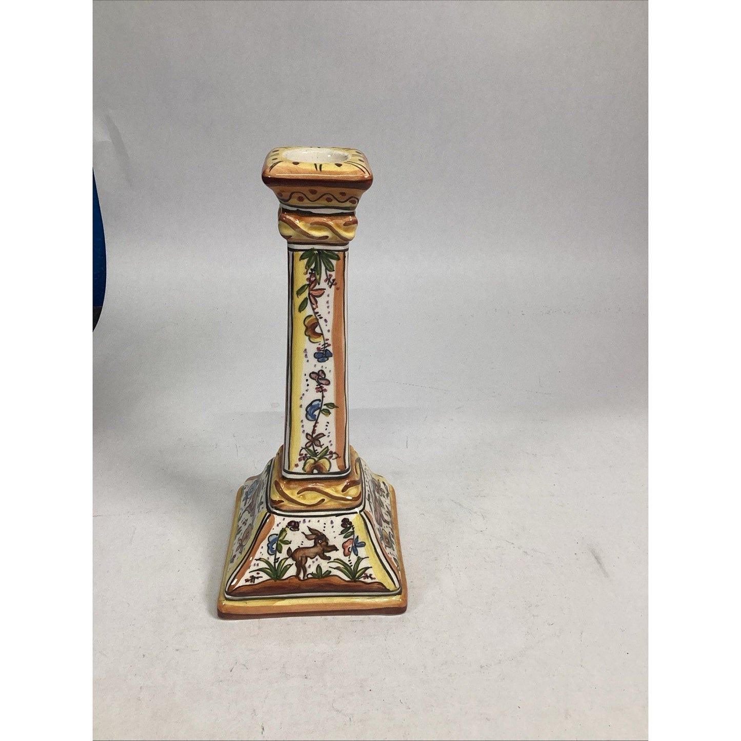 Portuguese Majolica Holu Candlestick W/ Bunnies, Birds And Flowers
