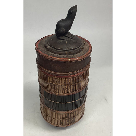 Indonesian / Balinese Handcrafted Bamboo Carved Frog Toad Container W/ Lid