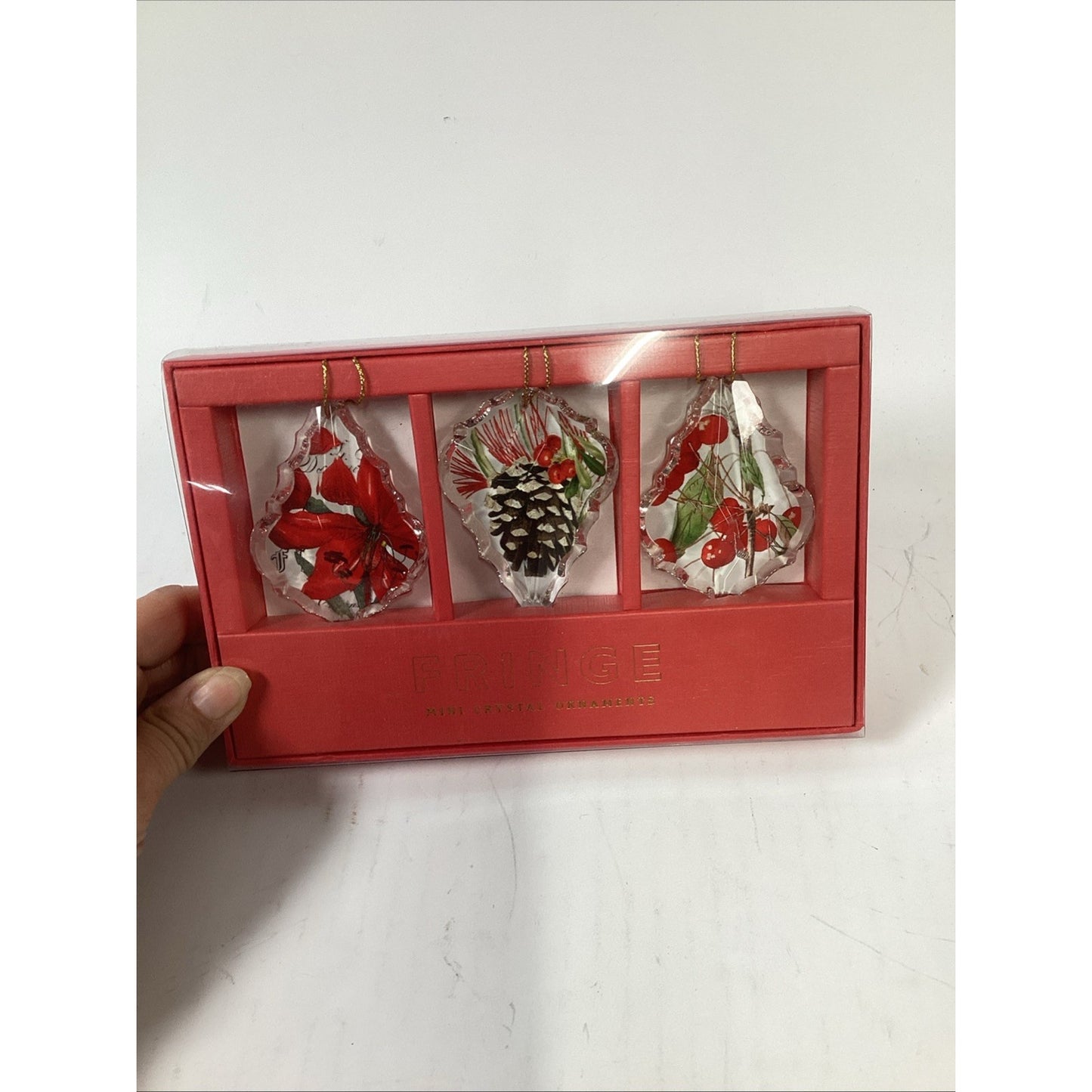 Set of 3 Mini Glass Crystal Christmas Holiday Ornaments Botanical #253101
