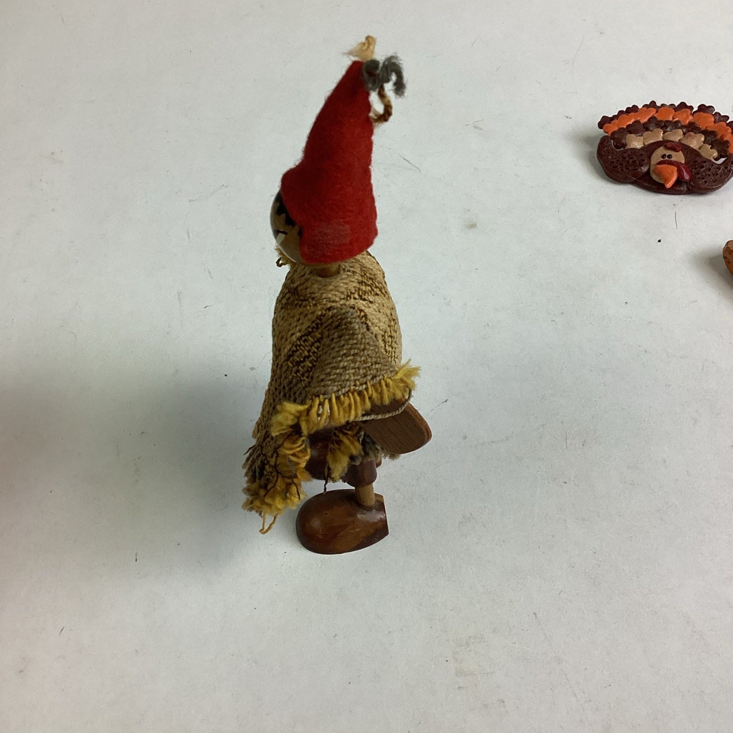 Wooden Handmade Doll, Handmade Turkey Pin & Hand Painted Eyeball Pottery