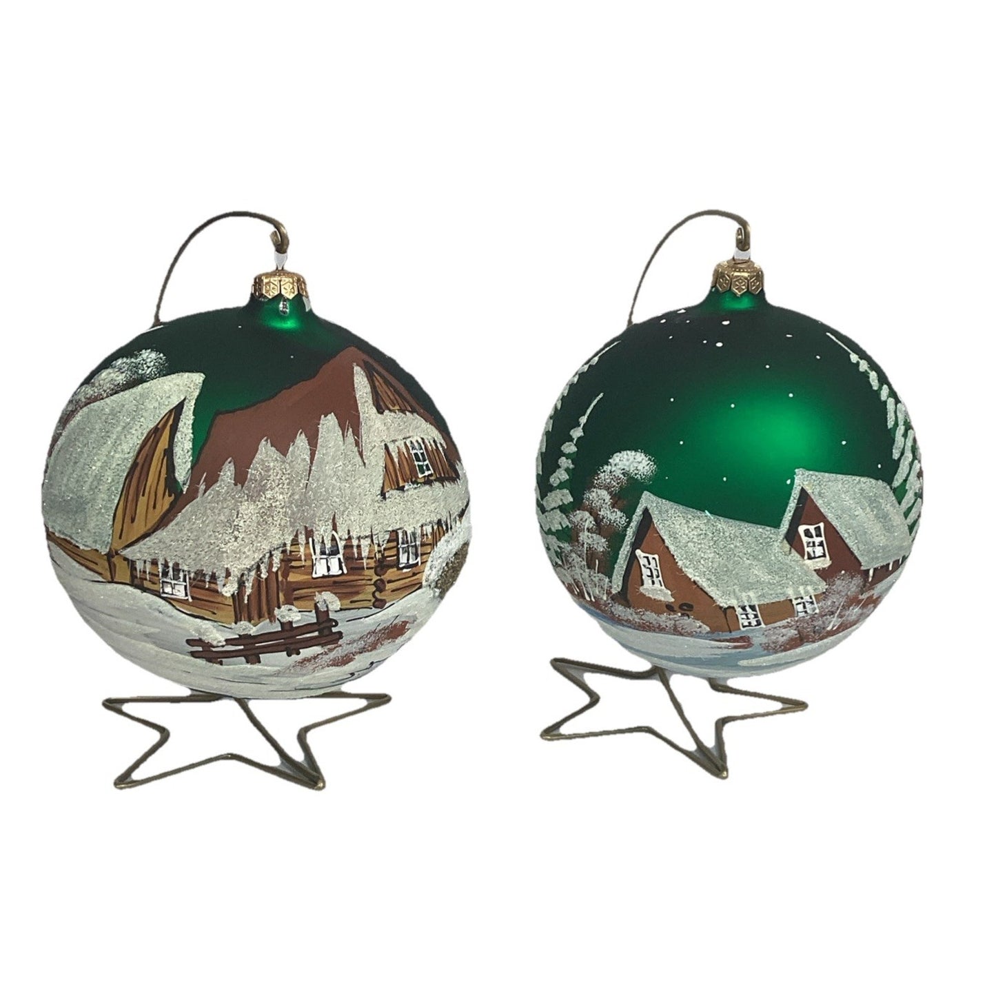 2 Hand Painted Snowy Cabins Glass Ball Ornaments With Ornament Hangers - 7”D