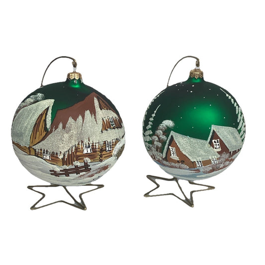 2 Hand Painted Snowy Cabins Glass Ball Ornaments With Ornament Hangers - 7”D