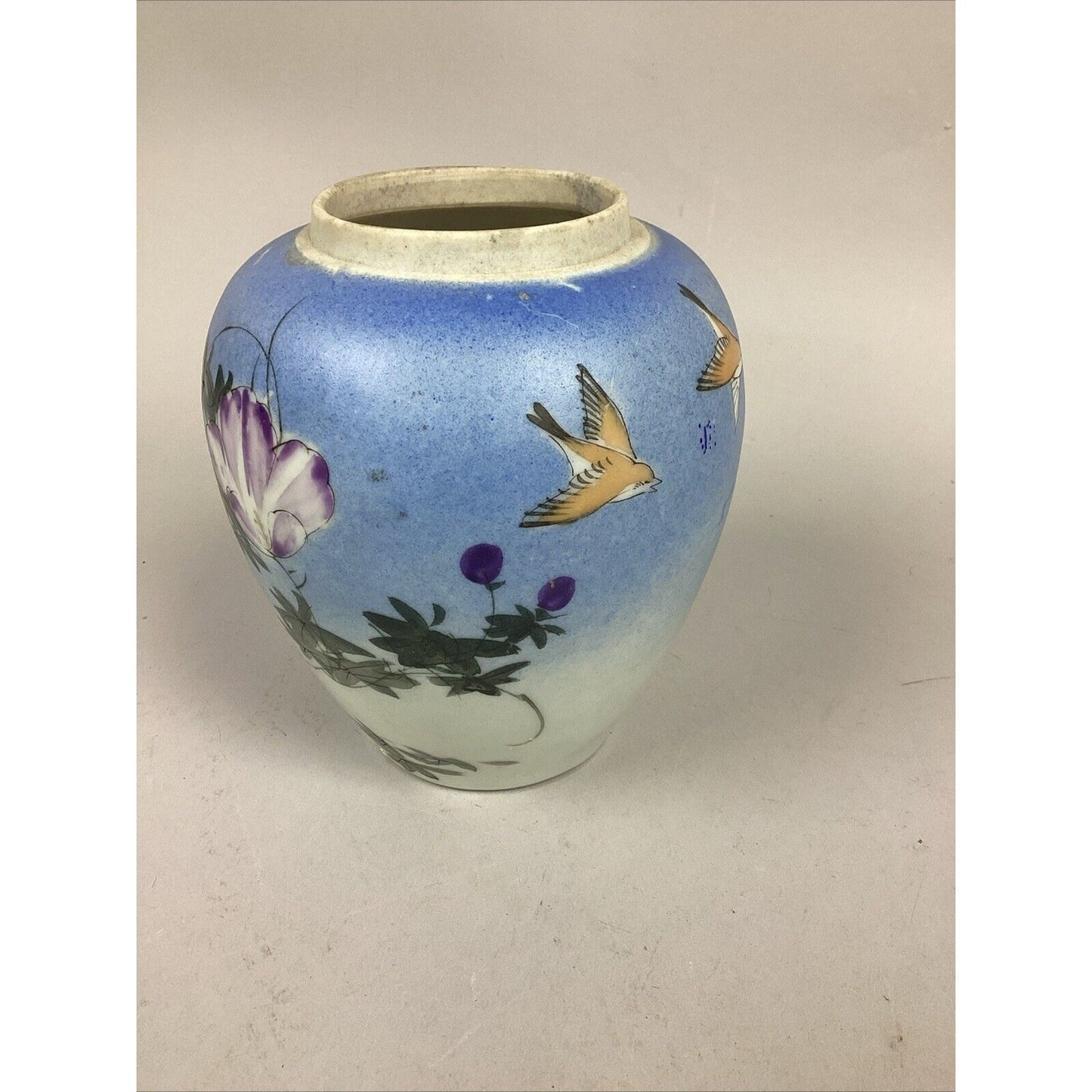 Antique Japanese Floral Vase With Pink/Purple Flowers & Flying Birds - 6 3/4”H