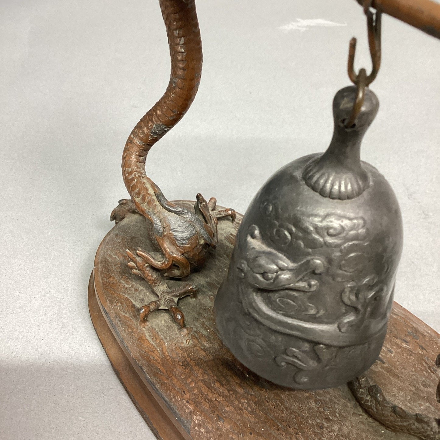 Vintage Chinese Bronze Dragons W/ Suspended Bell Statue Figurine - 8.5x3.5x7”