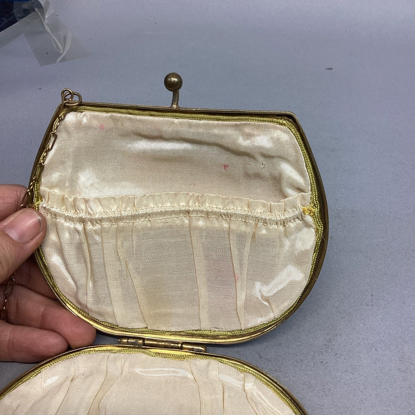 Antique Women’s Gold Sequin Mesh Change Purse With Shoulder Strap & Mirror