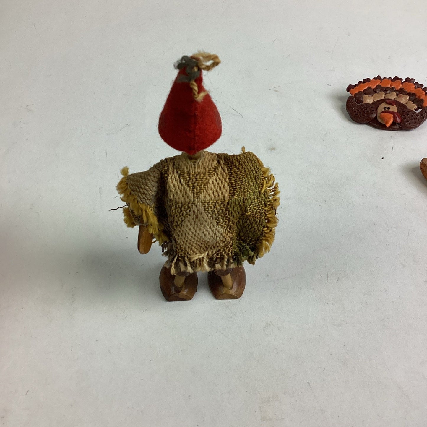 Wooden Handmade Doll, Handmade Turkey Pin & Hand Painted Eyeball Pottery