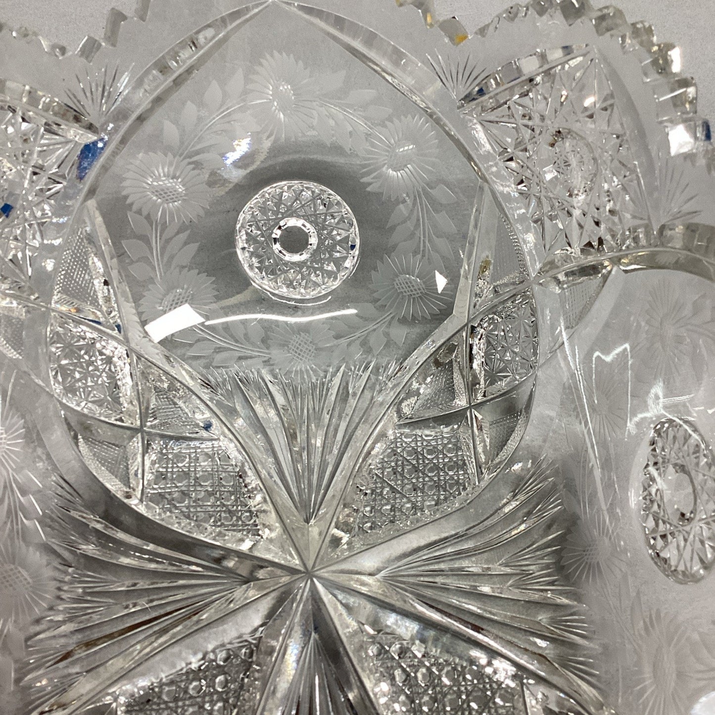 Vintage Heavy Cut Glass Bowl With Sawtooth Edges - Floral & Sunburst - 11x7”