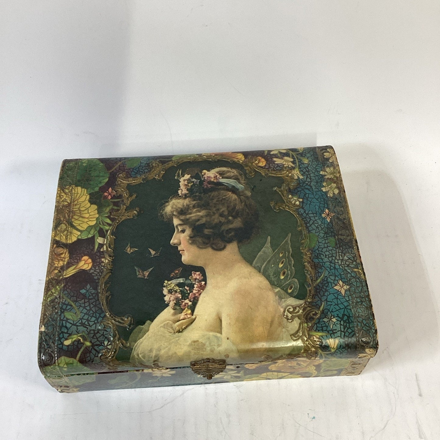 Antique 1900’s Edwardian Lithograph Wooden Jewelry Box W/ Lined Satin - Read
