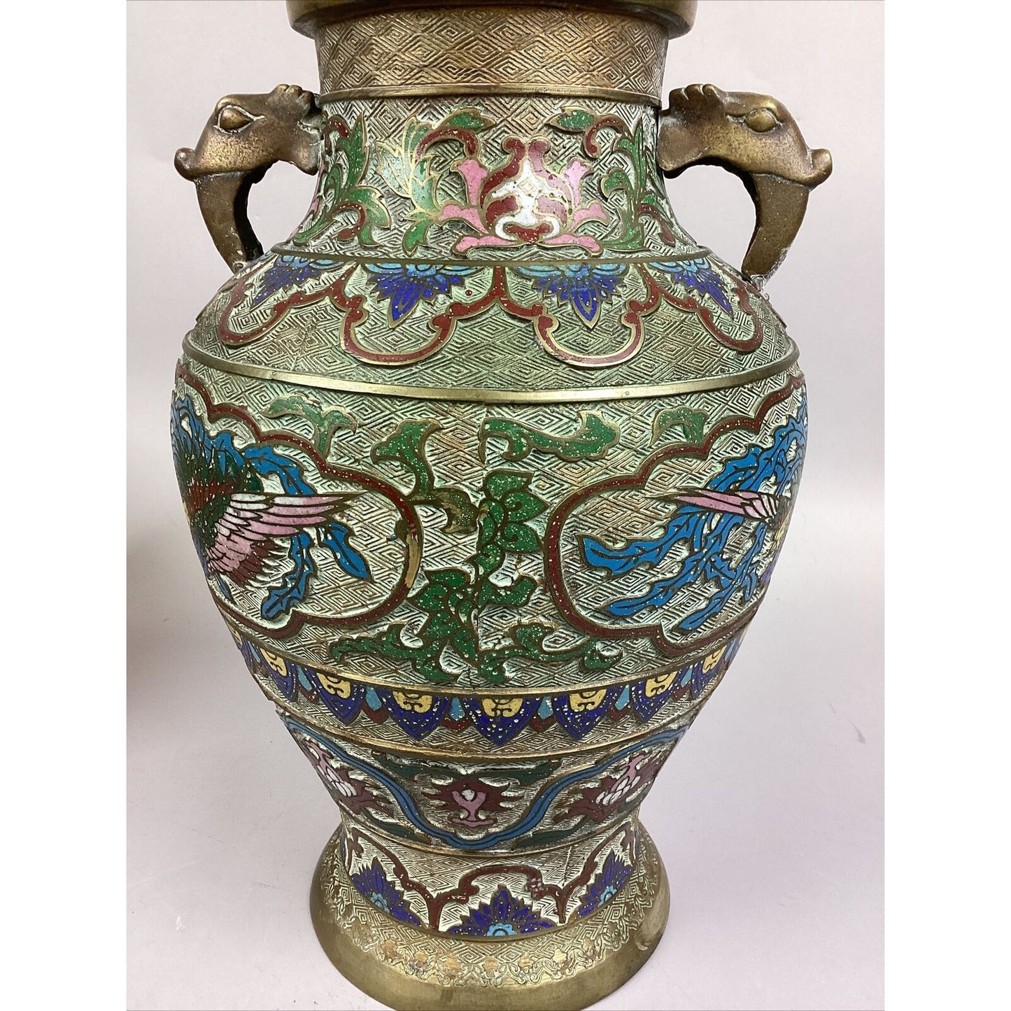 Large Vintage Japanese Champleve Bronze Cloisonne Doubled Handed Vase/ Urn - 14”