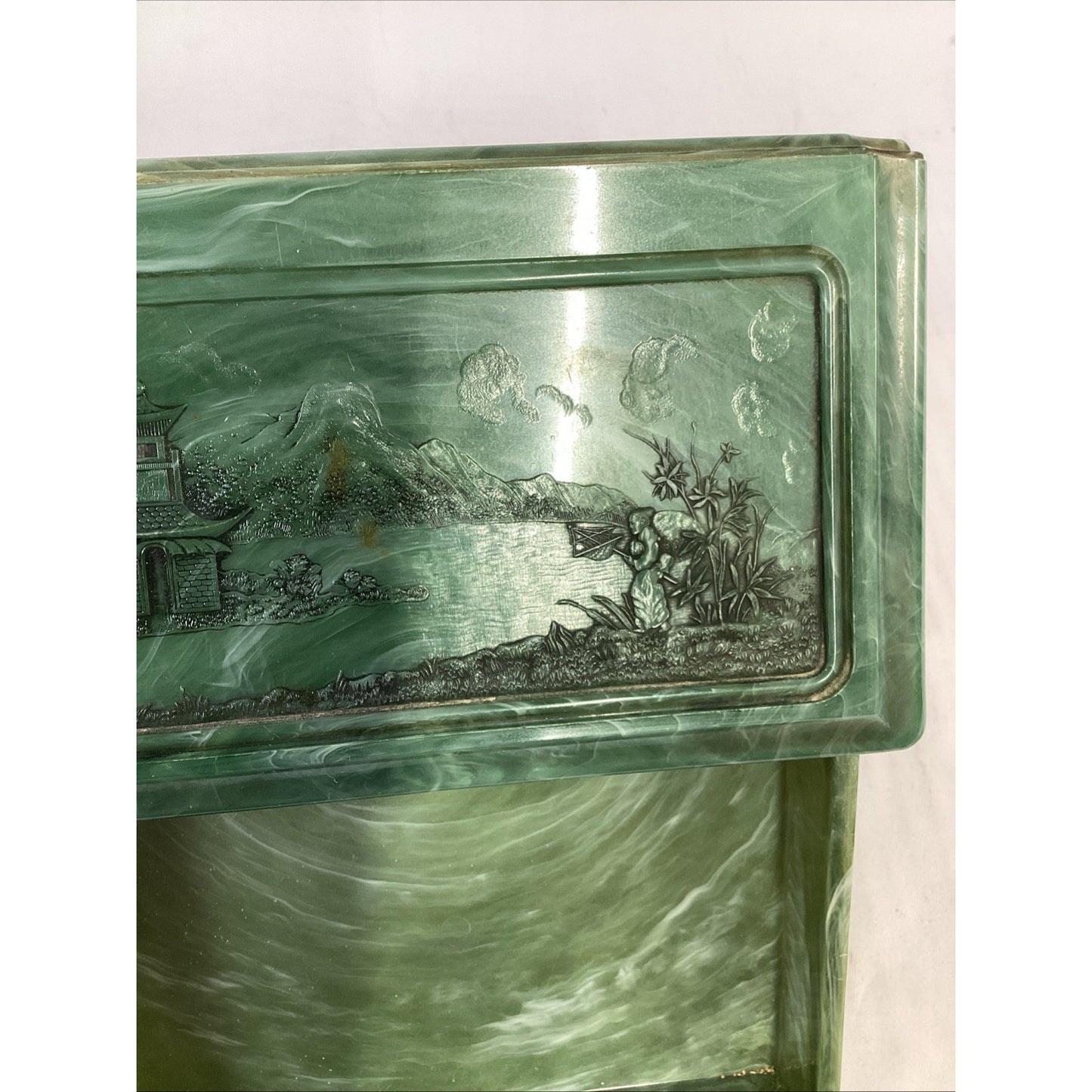 Vintage Green Marbled Celluoid Chinese Style Jewelry Box 3-Drawer