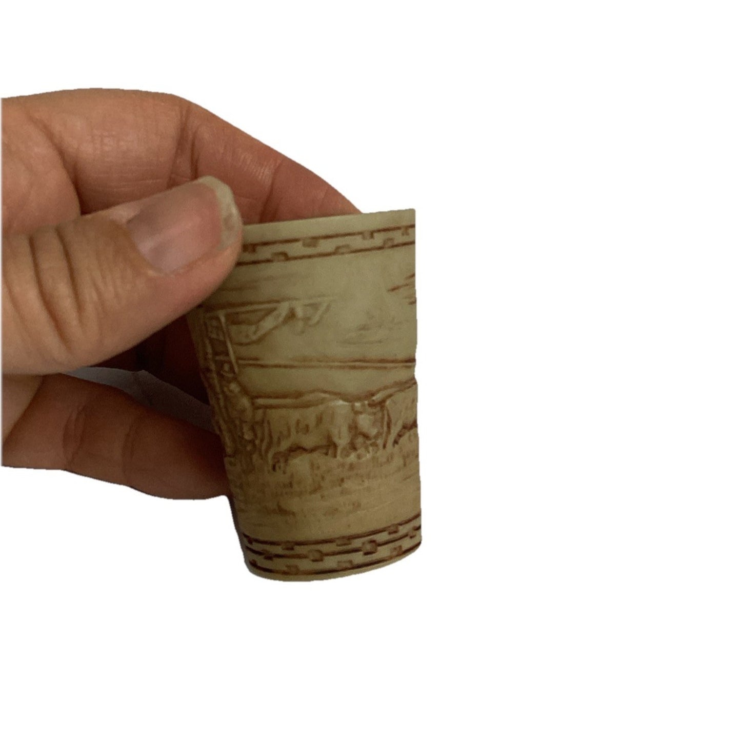 Antique Engraved Hand Carved Toothpick Holder Buffalo Pulling Wagon - 2.25”H