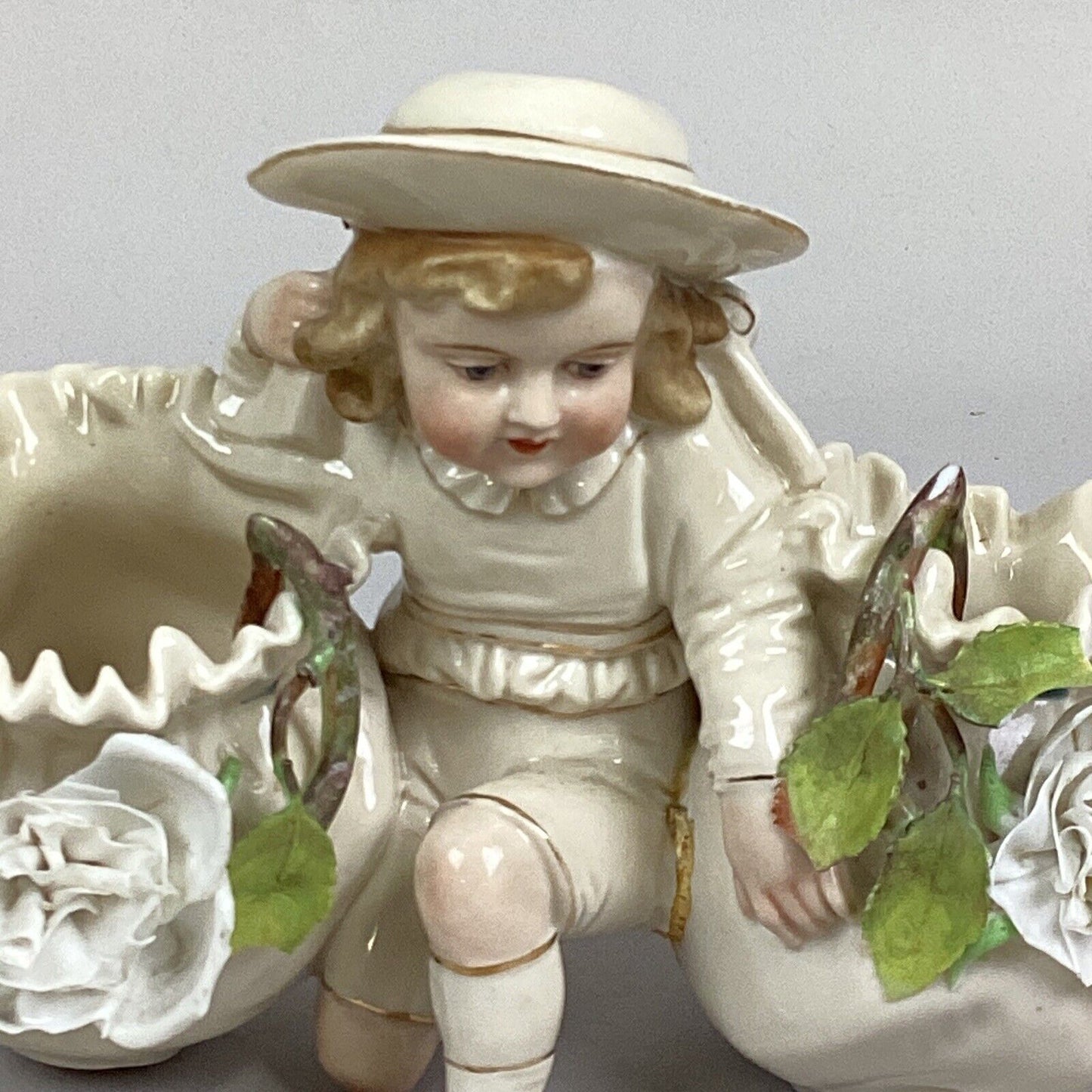 Vintage Porcelain Child Figurine With 2 Flower Vases - 6”