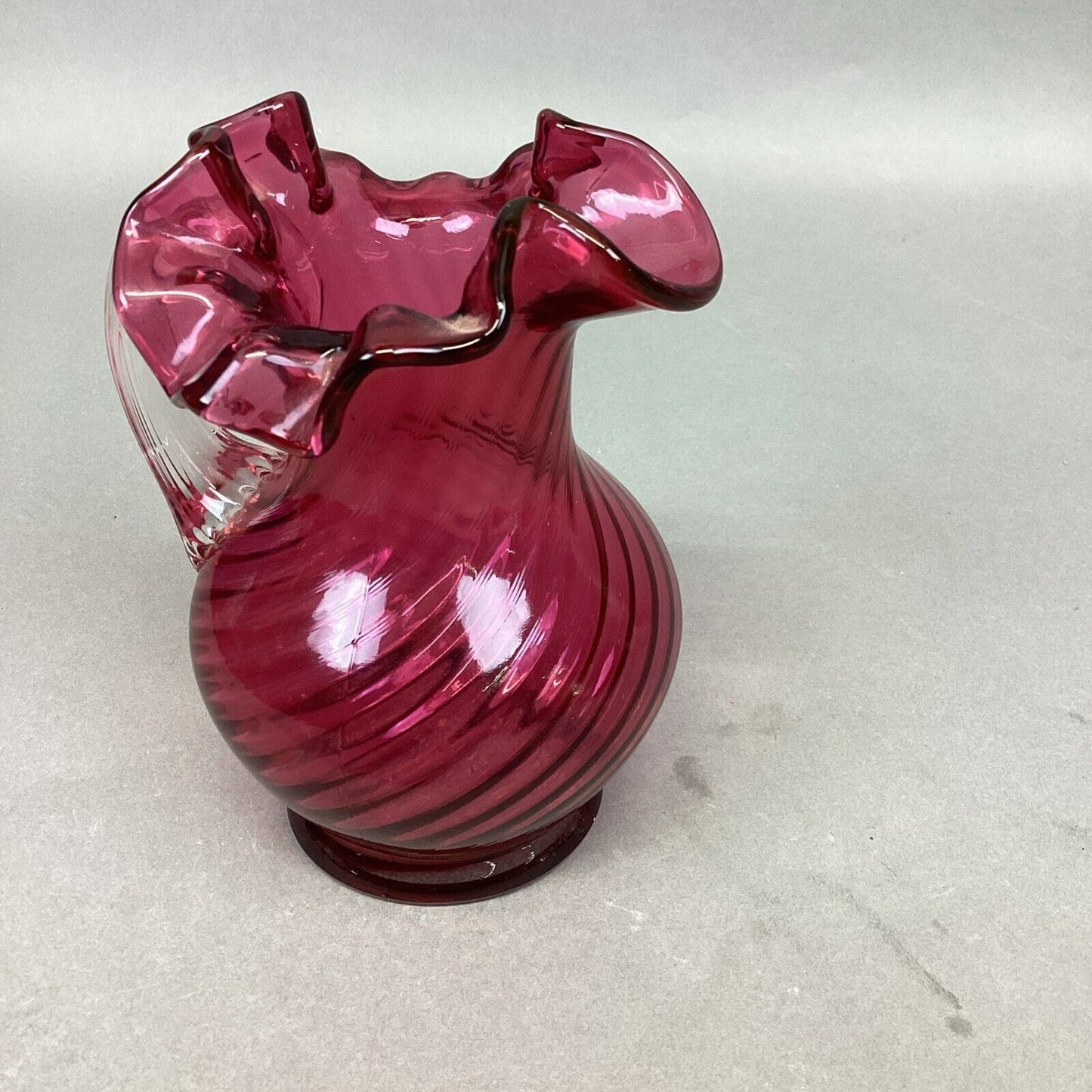 Fenton Cranberry Spiral Swirl Crimped Rim Glass Pitcher W/ Clear Handle - 5.5”H