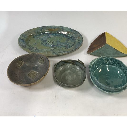 Lot Of 5 Handmade Studio Art Pottery - Platter, Bowls, Plate