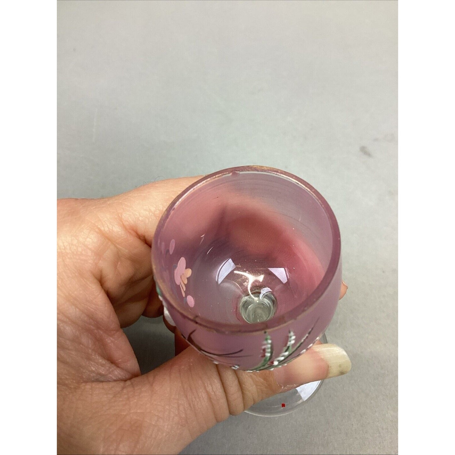 2 Unique Vintage Hand Painted Miniature Pink Wine Glasses Bird & Flowers - 3”