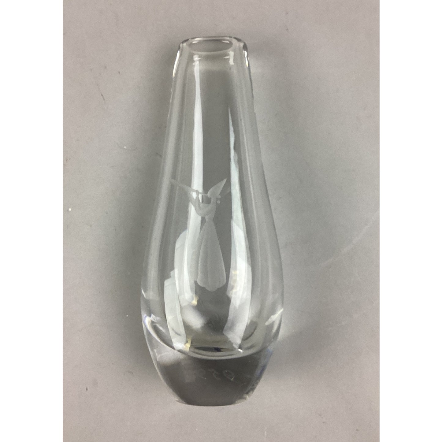 Vintage Kosta Boda Etched Glass Flower Vase - Flute Player - 8.5”