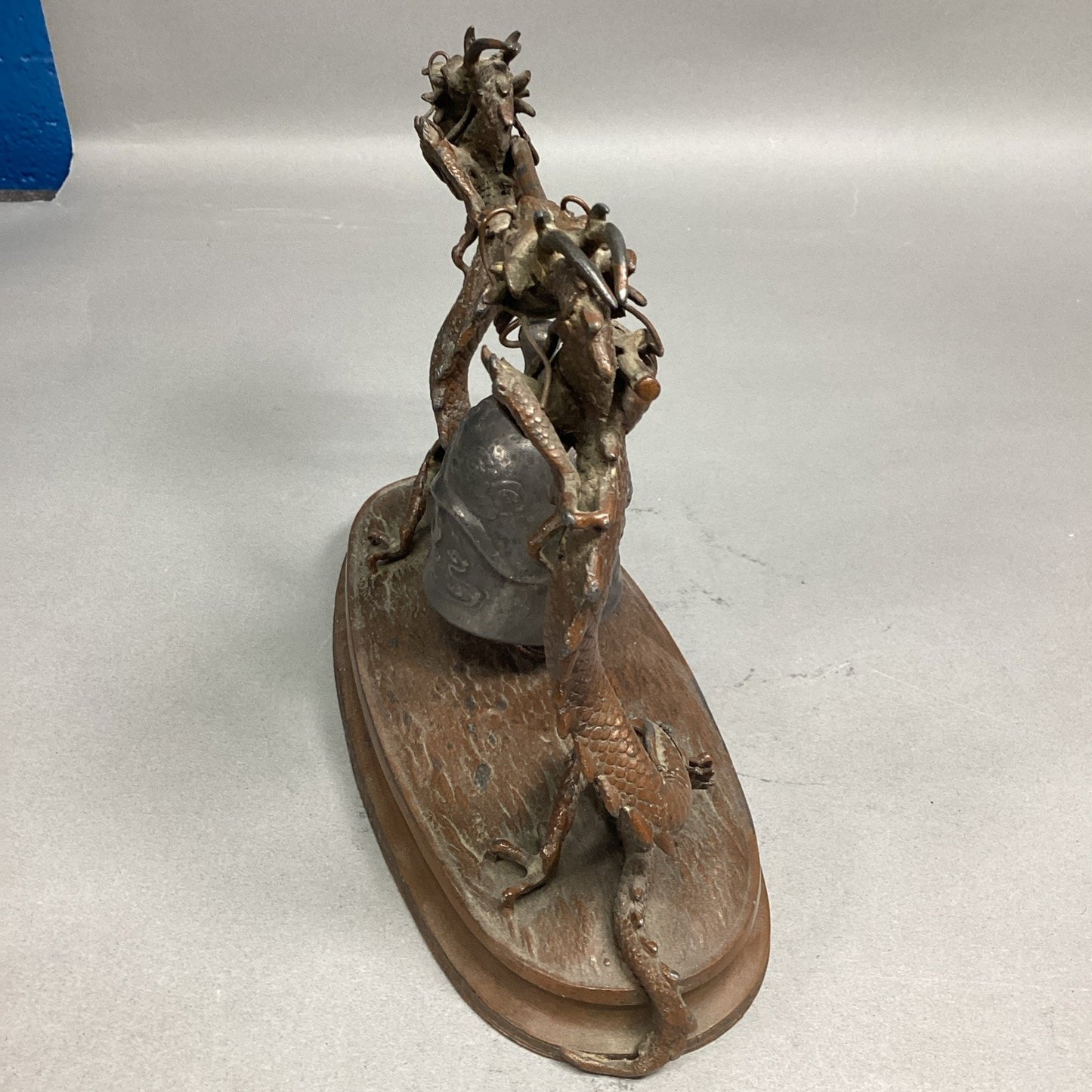 Vintage Chinese Bronze Dragons W/ Suspended Bell Statue Figurine - 8.5x3.5x7”