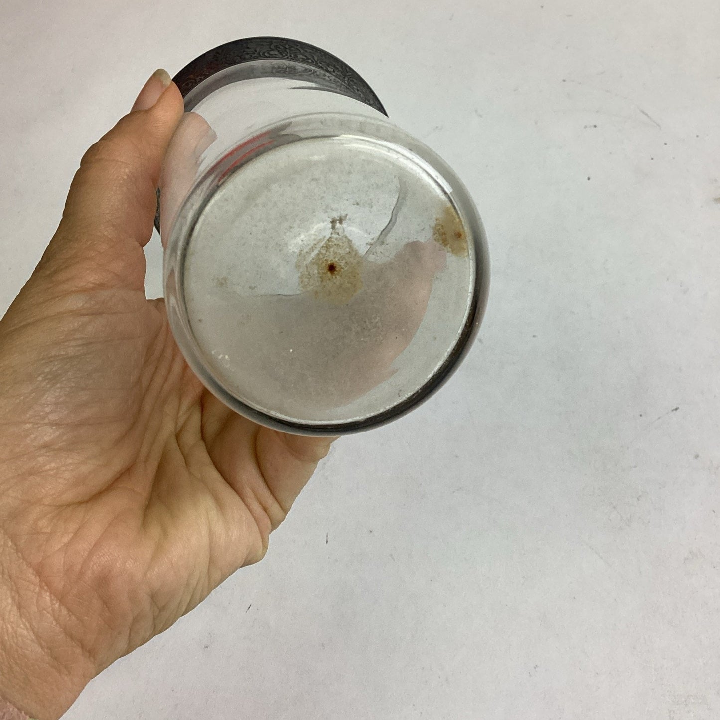 Glass Tumbler With Silver Plated & Etched Top Edge - 5”H