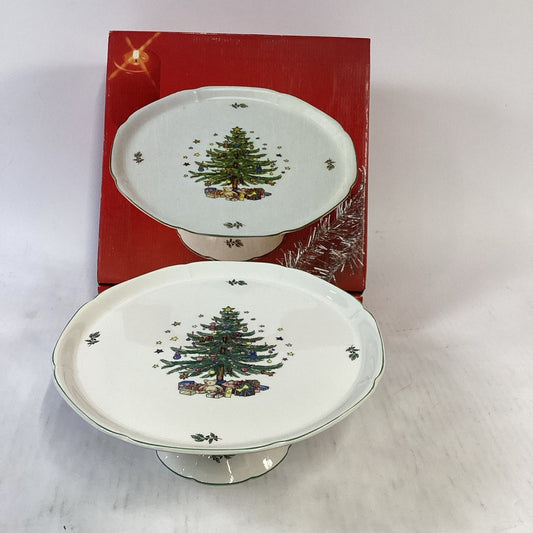 Vintage 1980's Nikko Japan Happy Holidays Christmas Tree Pedestal Cake Plate