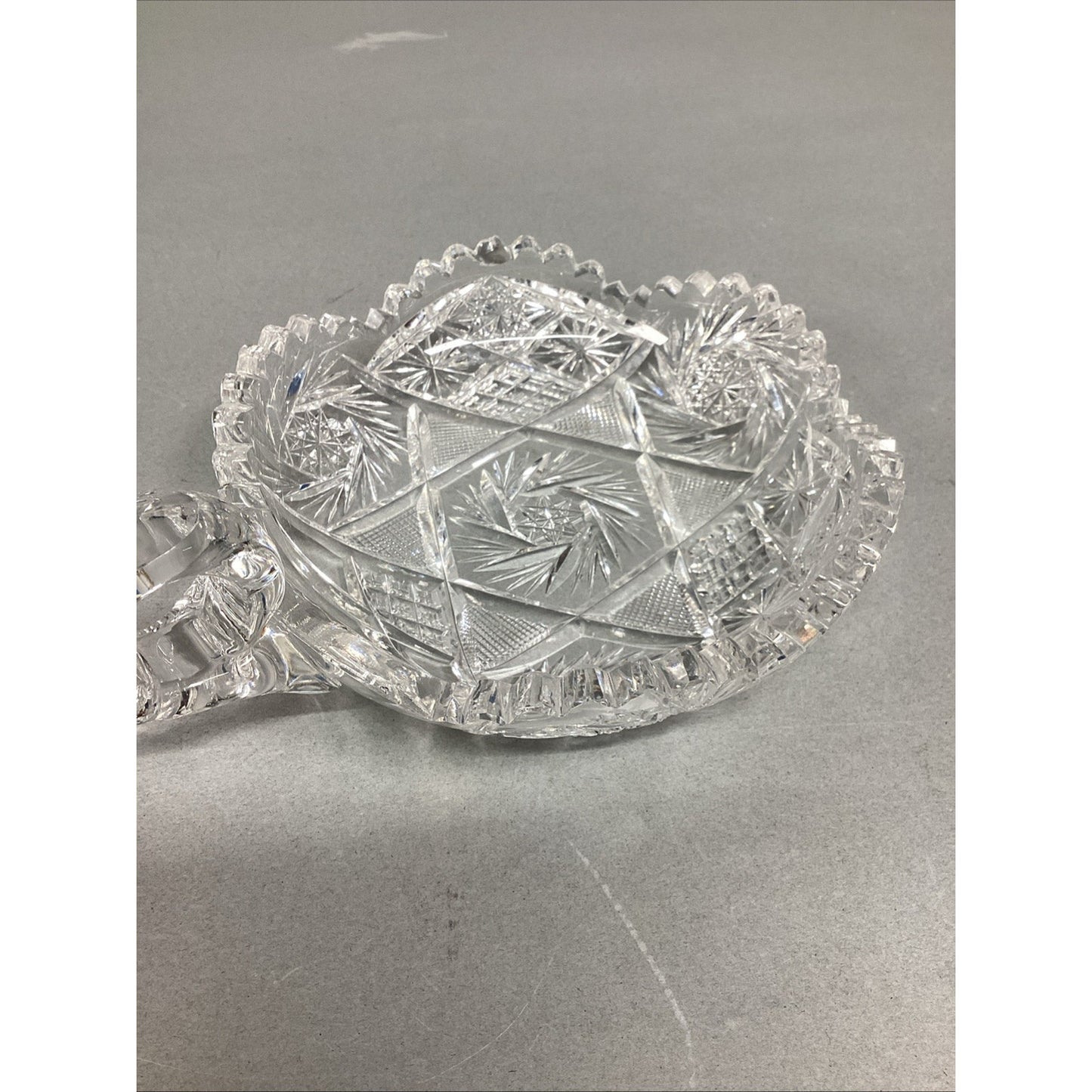 Vintage Scalloped Starburst Saw Tooth Edge Heavy Glass Candy Dish w/ Finger Loop