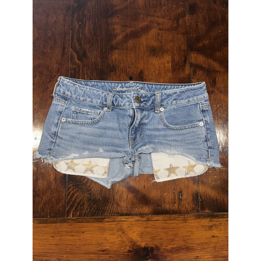 American Eagle Denim Short Shorts Size 6 Distressed Star Pocket Lining Y2K