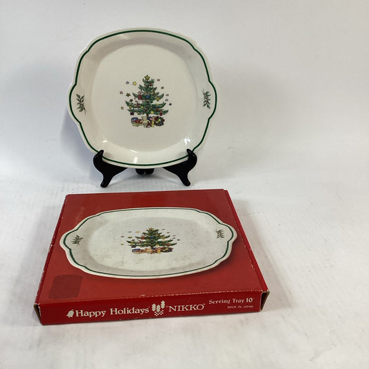 VTG Nikko Happy Holidays Cake Cookie Plate Tray Serving Dish Christmas Tree 10"