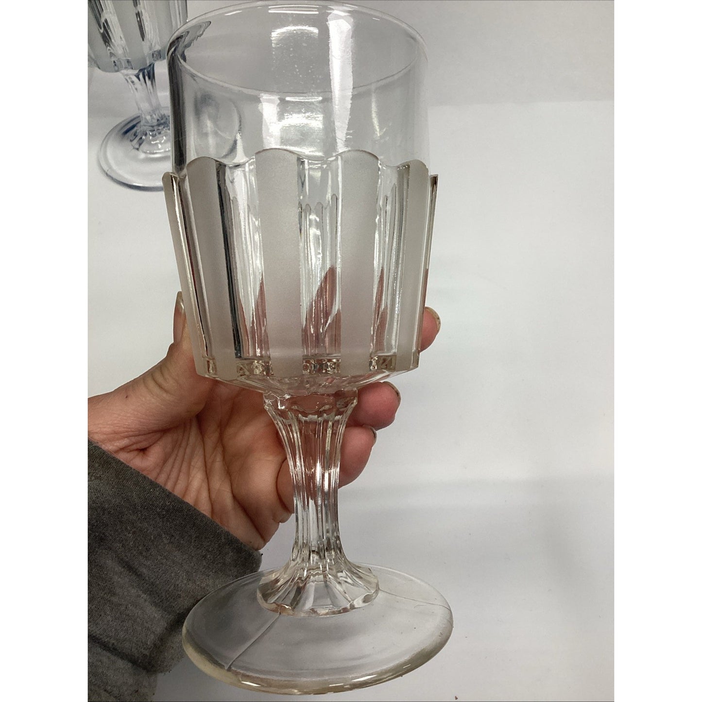 Vintage EAPG Frosted Glass Goblets: Ribbed Stem, Set of 2