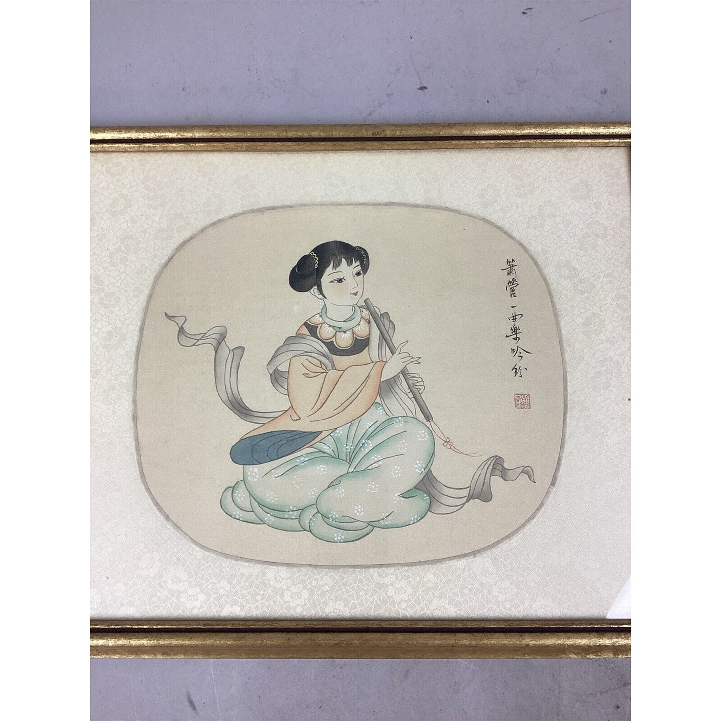 Antique Chinese Watercolor Painting On Silk - Girl Playing Flute