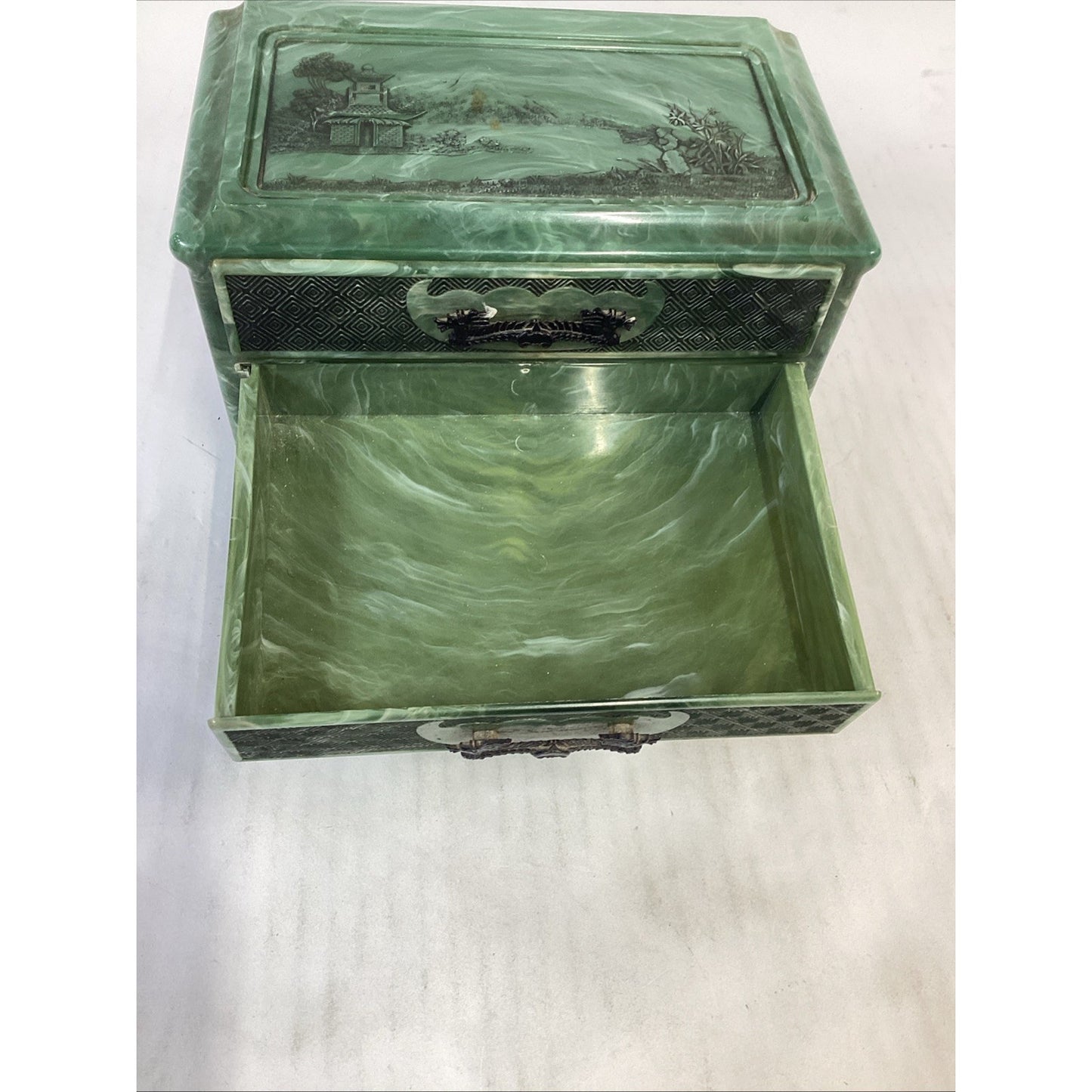 Vintage Green Marbled Celluoid Chinese Style Jewelry Box 3-Drawer