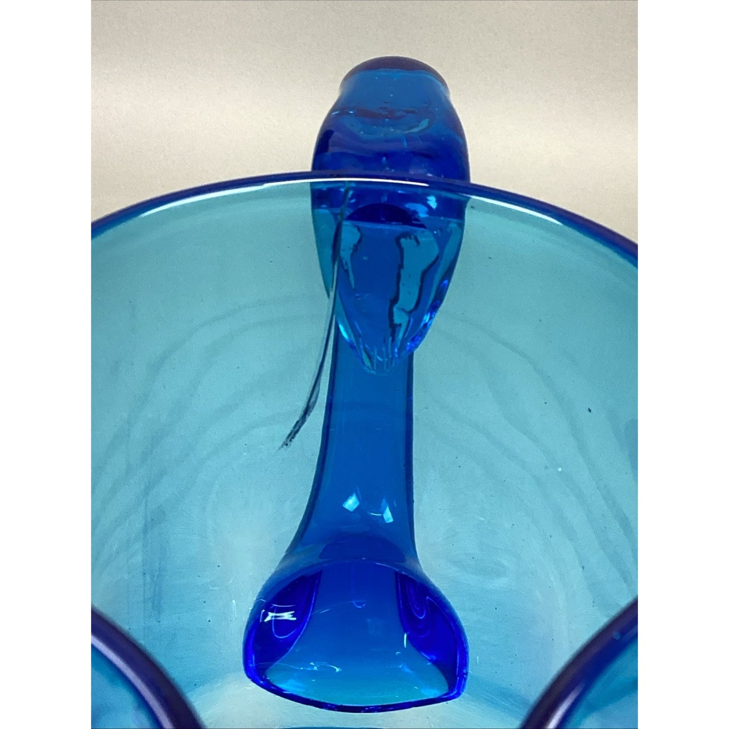 Vintage Art Glass Blue Water Jug Pitcher W/ Handle - 10.5”H