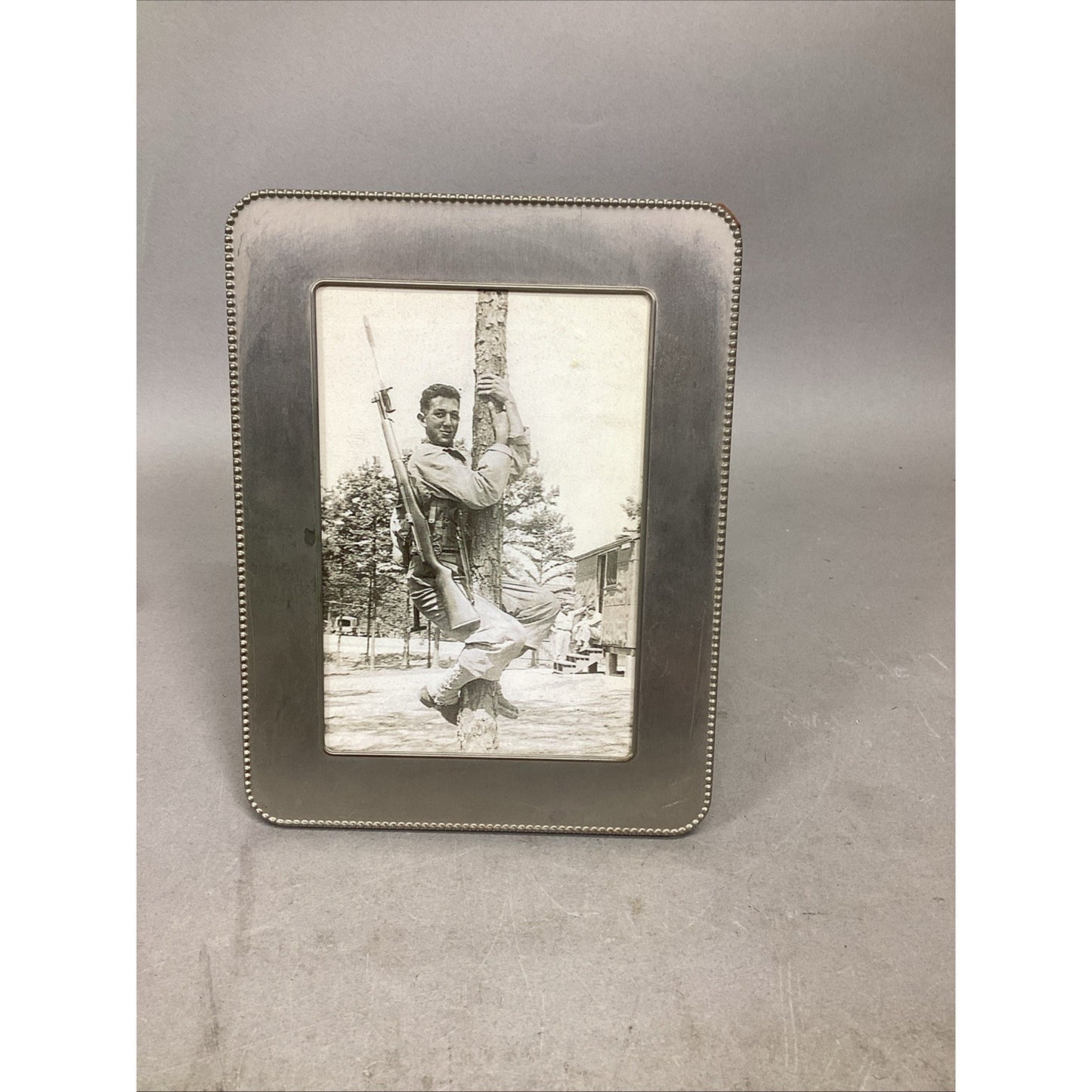 Vintage Soldier In Barracks Photograph W/ Sheffield Home Frame - 7.5x5.25”