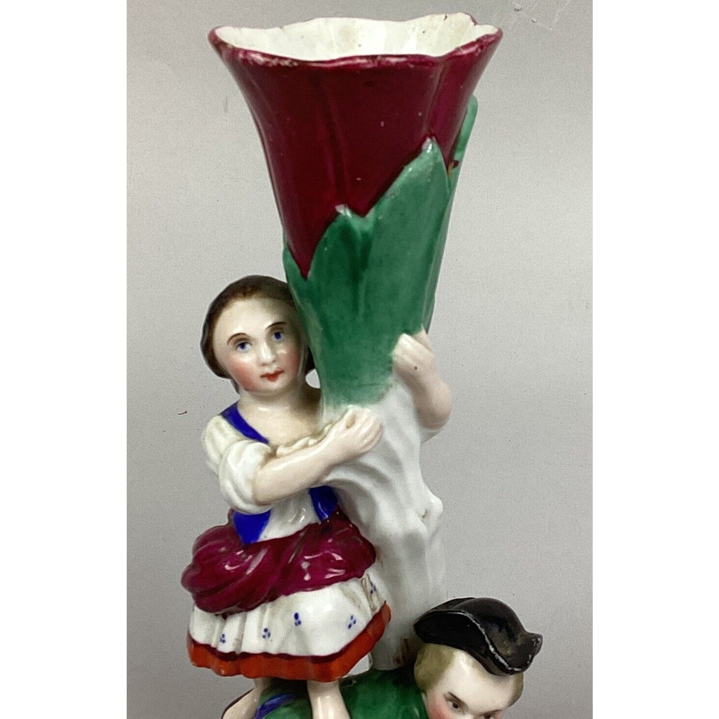 Vintage Porcelain Boy And Girl Red Rose Candlestick Holder - 7.5”