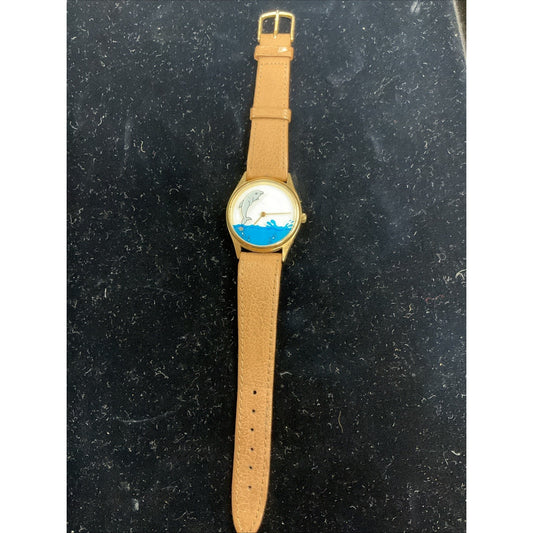 Cool Vintage Gold Tone Case “Dolphin” Dial And Leather Band