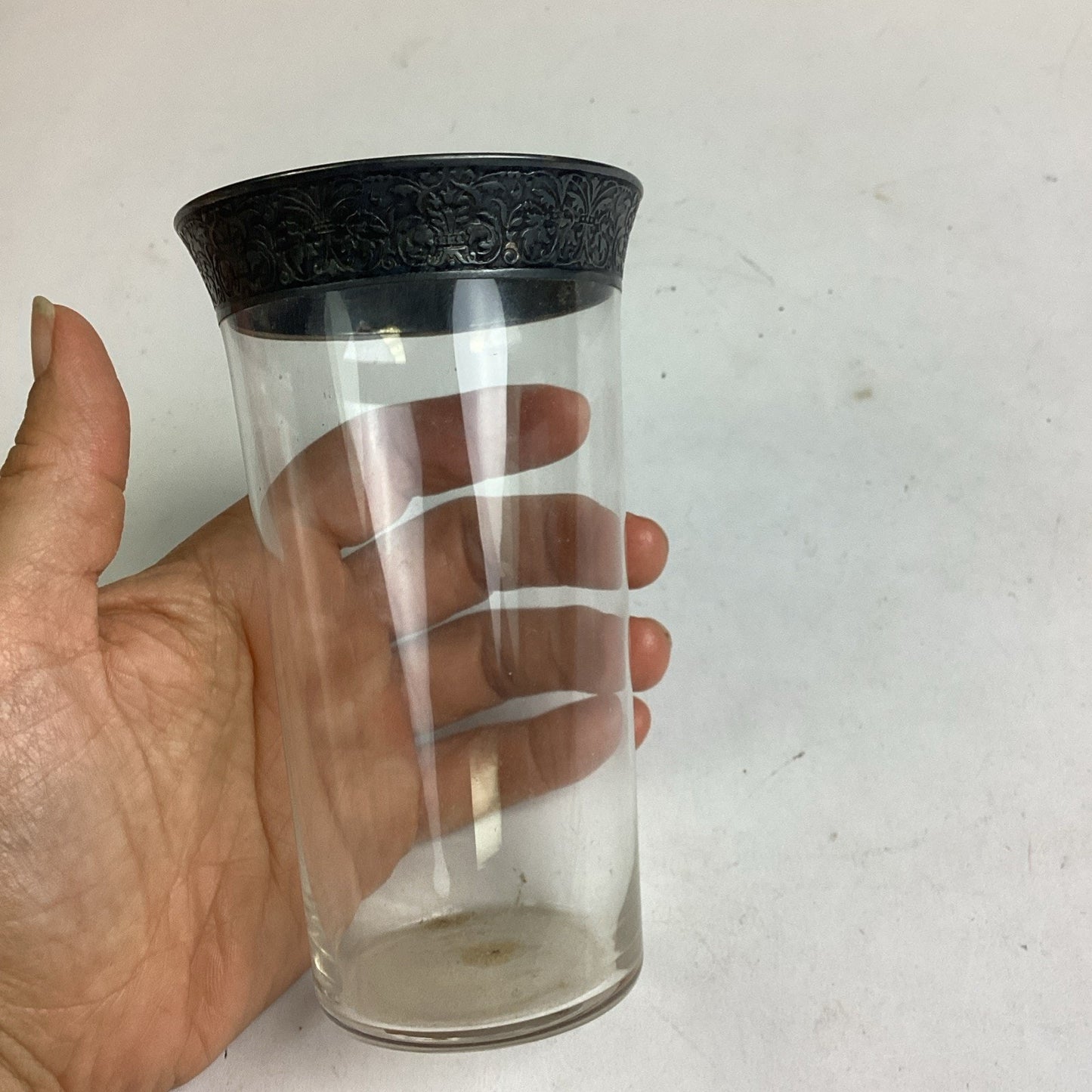 Glass Tumbler With Silver Plated & Etched Top Edge - 5”H