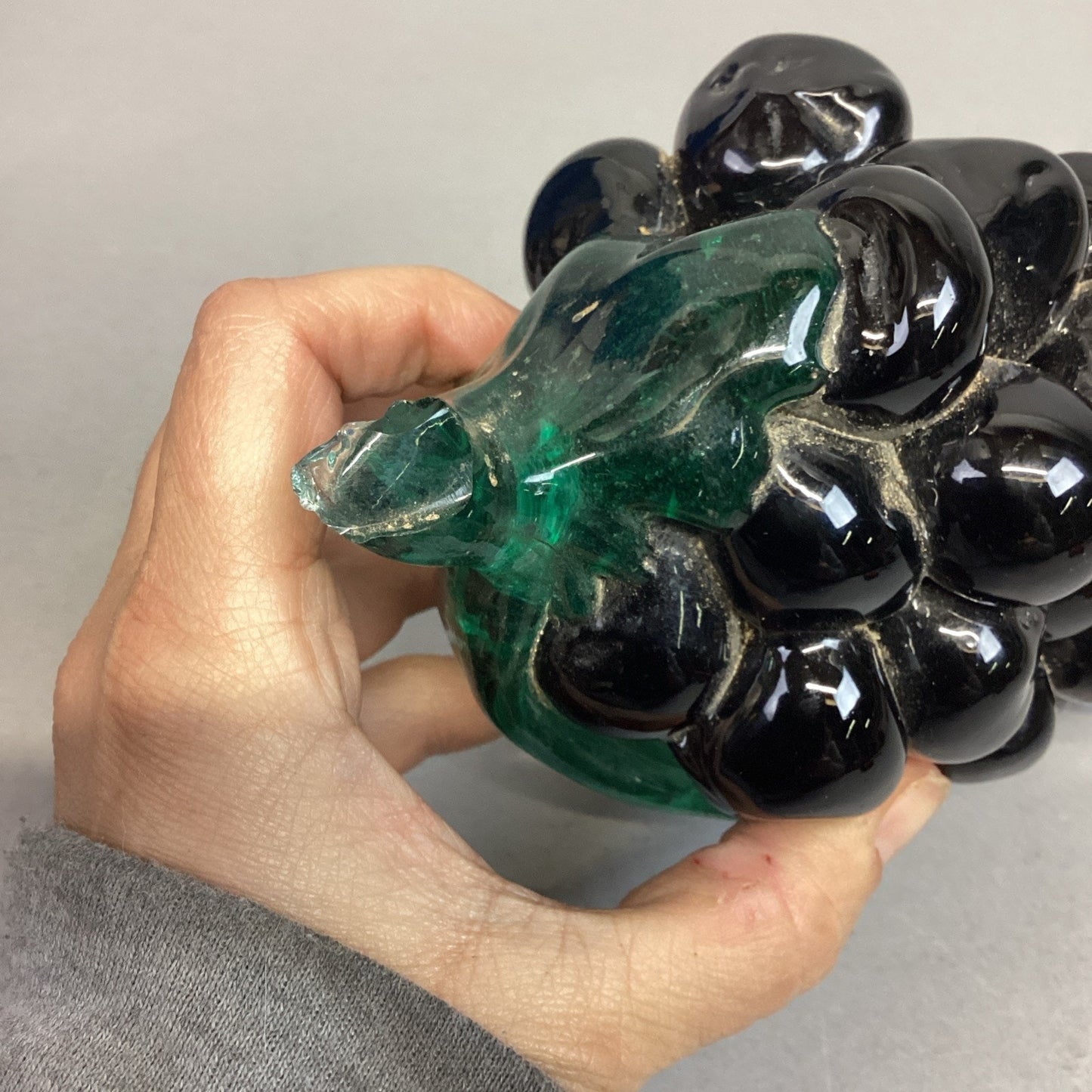 Hand Blown Glass Purple Grapes & Emerald Green Stem & Leaf Paper Weight - 7.25”L