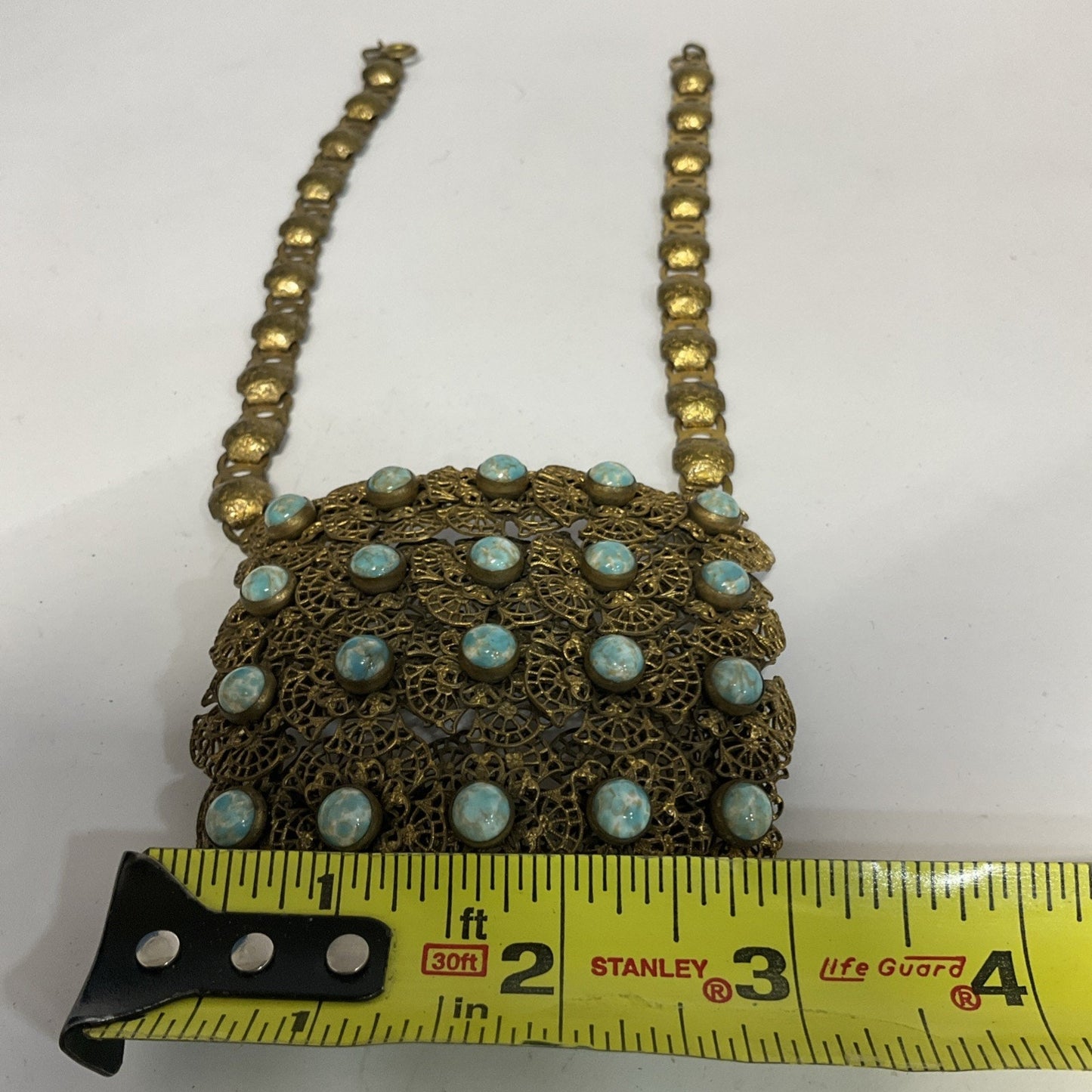 Vintage Jewelry Gold Blue Confetti Glass Bib Necklace RARE